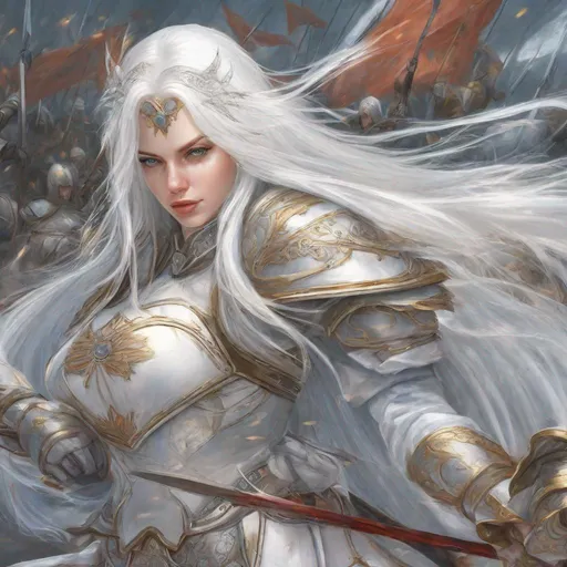 Prompt: beautiful 20 year old women with white hair, white eyebrows, light skin, realistic, ultrarealistic, high quality art, bright eyes, long hair, beauty, real, long hair, symmetrical, anime wide eyes, fair, delicate, medieval, fighting in the middle of a battle