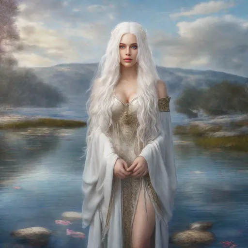 Prompt: beautiful 20 year old women with white hair, white eyebrows, light skin, realistic, ultrarealistic, high quality art, bright eyes, long hair, beauty, real, long hair, symmetrical, anime wide eyes, fair, delicate, standing on the water, medieval