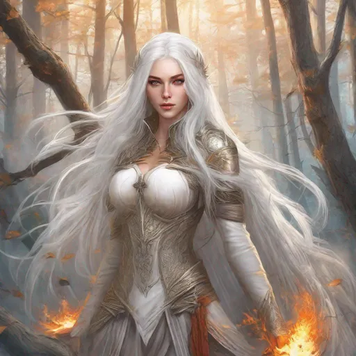 Prompt: beautiful 20 year old women with white hair, white eyebrows, light skin, realistic, ultrarealistic, high quality art, bright eyes, long hair, beauty, real, long hair, symmetrical, anime wide eyes, fair, delicate, standing in a burning forest, medieval, royal, assassin