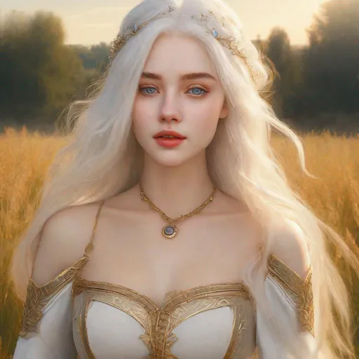 Prompt: beautiful 20 year old women with white hair, white eyebrows, light skin, realistic, ultrarealistic, high quality art, bright eyes, long hair, beauty, real, long hair, symmetrical, anime wide eyes, fair, delicate, medieval, running in a field at golden hour, royal