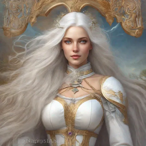 Prompt: beautiful 20 year old women with white hair, white eyebrows, light skin, realistic, ultrarealistic, high quality art, bright eyes, long hair, beauty, real, long hair, symmetrical, anime wide eyes, fair, delicate, medieval, royal, on a horse