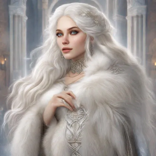 Prompt: beautiful 20 year old women with white hair, white eyebrows, light skin, realistic, ultrarealistic, high quality art, bright eyes, long hair, beauty, real, long hair, symmetrical, anime wide eyes, fair, delicate, medieval, wearing a big fur coat 