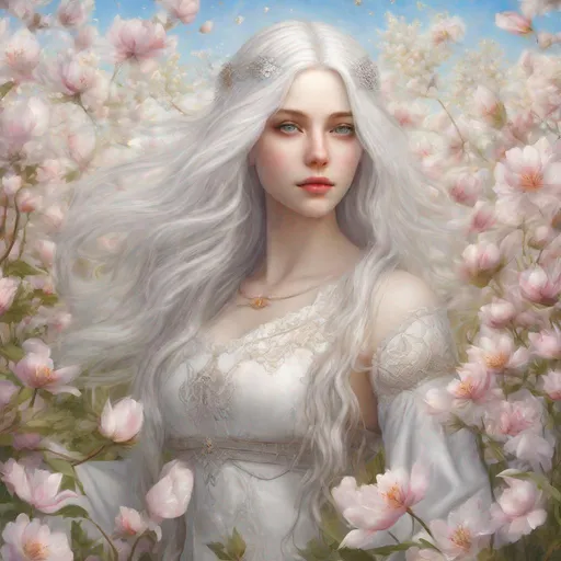 Prompt: beautiful 20 year old women with white hair, white eyebrows, light skin, realistic, ultrarealistic, high quality art, bright eyes, long hair, beauty, real, long hair, symmetrical, anime wide eyes, fair, delicate, standing on a blossom field, medieval, royal