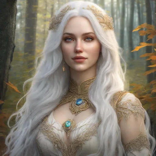 Prompt: beautiful 20 year old women with white hair, white eyebrows, light skin, realistic, ultrarealistic, high quality art, bright eyes, long hair, beauty, real, long hair, symmetrical, anime wide eyes, fair, delicate, standing in a forest, medieval, royal