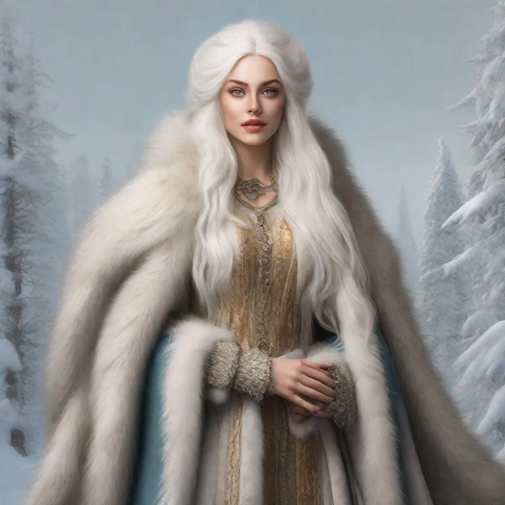 Prompt: beautiful 20 year old women with white hair, white eyebrows, light skin, realistic, ultrarealistic, high quality art, bright eyes, long hair, beauty, real, long hair, symmetrical, anime wide eyes, fair, delicate, medieval, wearing a big fur coat and a fur hat, royal