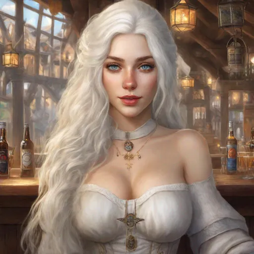 Prompt: beautiful 20 year old women with white hair, white eyebrows, light skin, realistic, ultrarealistic, high quality art, bright eyes, long hair, beauty, real, long hair, symmetrical, anime wide eyes, fair, delicate, medieval, in a tavern 
