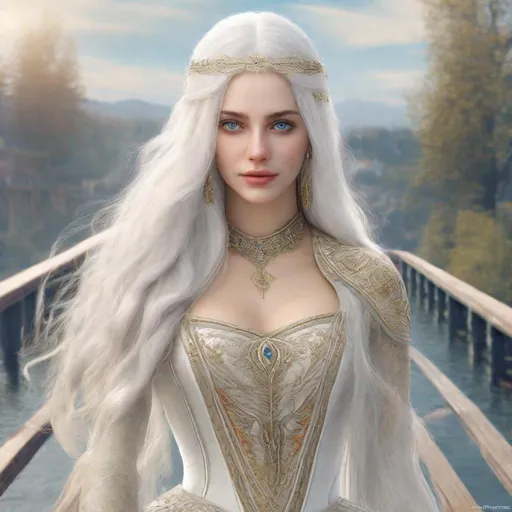 Prompt: beautiful 20 year old women with white hair, white eyebrows, light skin, realistic, ultrarealistic, high quality art, bright eyes, long hair, beauty, real, long hair, symmetrical, anime wide eyes, fair, delicate, medieval, standing on a bridge