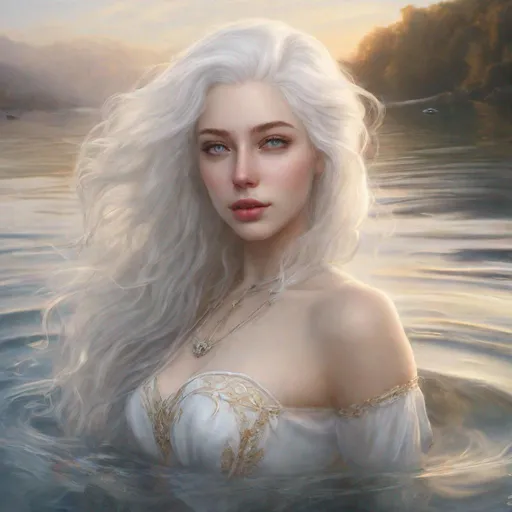 Prompt: beautiful 20 year old women with white hair, white eyebrows, light skin, realistic, ultrarealistic, high quality art, bright eyes, long hair, beauty, real, long hair, symmetrical, anime wide eyes, fair, delicate, standing on the water, medivial, royal