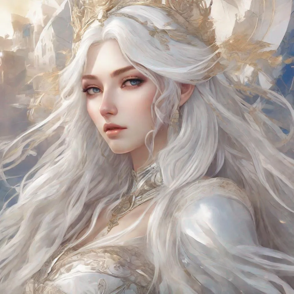 Prompt: beautiful 20 year old women with white hair, white eyebrowns, light skin, royal, realistic, ultrarealistic, high quality art, bright eyes, medivial, goddess, long hair, royalty, beauty, real, fair, delicate, long hair, symmetrical, anime wide eyes