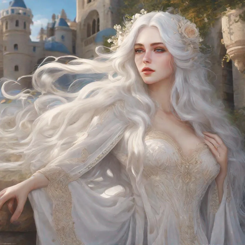 Prompt: beautiful 20 year old women with white hair, white eyebrows, light skin, realistic, ultrarealistic, high quality art, bright eyes, long hair, beauty, real, long hair, symmetrical, anime wide eyes, fair, delicate, medieval, she has a long dress on and dances 