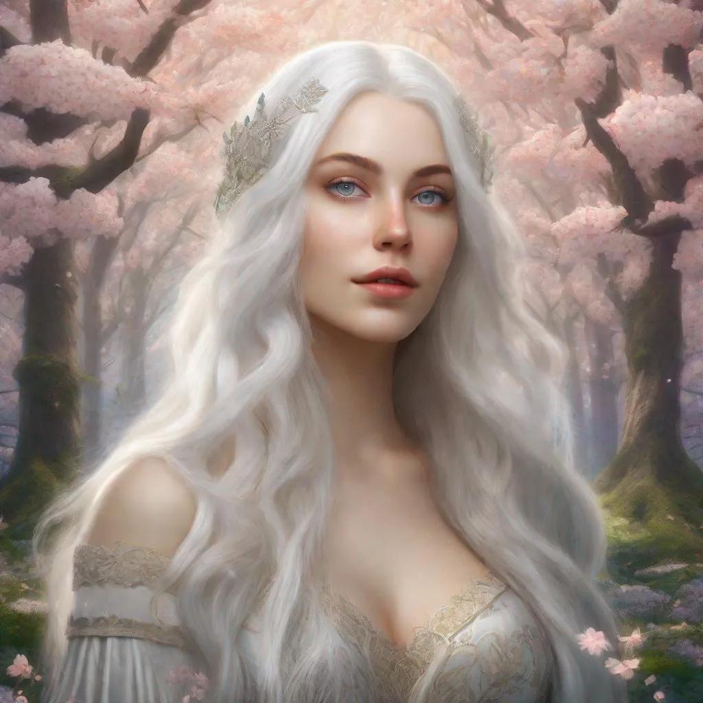 Prompt: beautiful 20 year old women with white hair, white eyebrows, light skin, realistic, ultrarealistic, high quality art, bright eyes, long hair, beauty, real, long hair, symmetrical, anime wide eyes, fair, delicate, standing in a blossom forest, medieval, royal