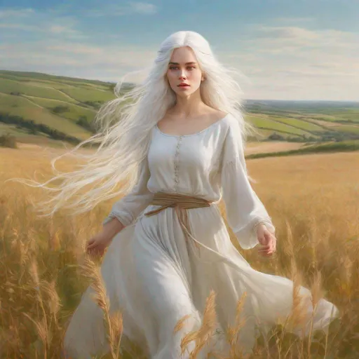 Prompt: beautiful 20 year old women with white hair, white eyebrows, light skin, realistic, ultrarealistic, high quality art, bright eyes, long hair, beauty, real, long hair, symmetrical, anime wide eyes, fair, delicate, medieval, running in a field