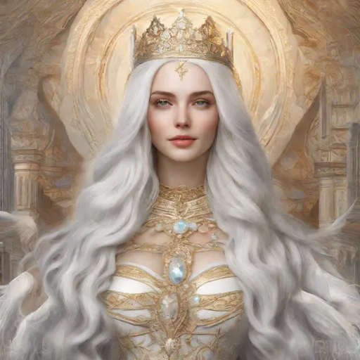 Prompt: beautiful 20 year old women with white hair, white eyebrowns, light skin, royal, realistic, ultrarealistic, high quality art, bright eyes, medivial, goddess, long hair, royalty, beauty, real, fair, delicate, long hair, symmetrical, anime wide eyes