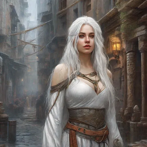 Prompt: beautiful 20 year old women with white hair, white eyebrows, light skin, realistic, ultrarealistic, high quality art, bright eyes, long hair, beauty, real, long hair, symmetrical, anime wide eyes, fair, delicate, medieval, standing in a rain on a street of an ancient city, rogue, assassin