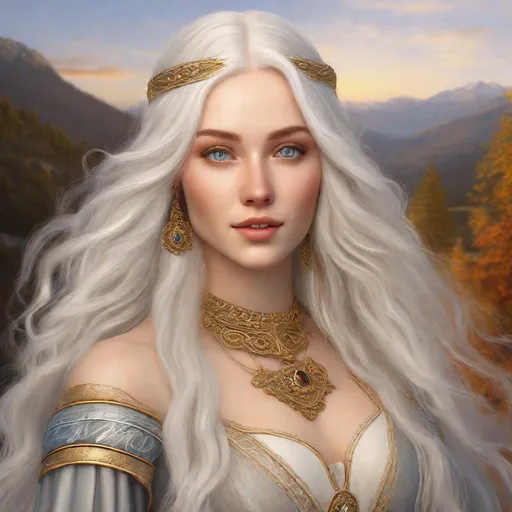 Prompt: beautiful 20 year old women with white hair, white eyebrows, light skin, realistic, ultrarealistic, high quality art, bright eyes, long hair, beauty, real, long hair, symmetrical, anime wide eyes, fair, delicate, medieval, mountain, golden hour, happy