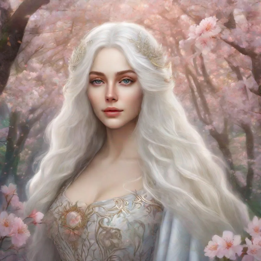 Prompt: beautiful 20 year old women with white hair, white eyebrows, light skin, realistic, ultrarealistic, high quality art, bright eyes, long hair, beauty, real, long hair, symmetrical, anime wide eyes, fair, delicate, standing in a blossom forest, medieval, royal