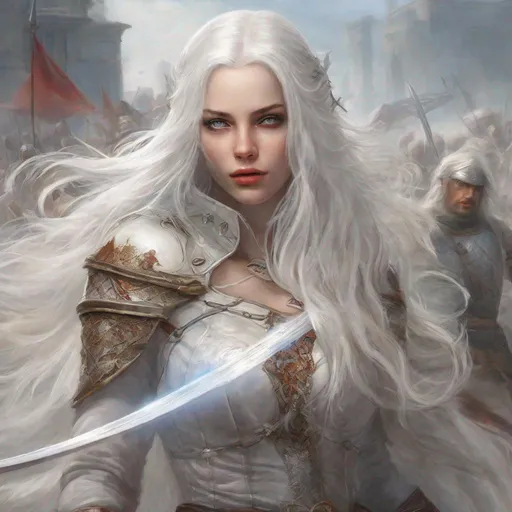 Prompt: beautiful 20 year old women with white hair, white eyebrows, light skin, realistic, ultrarealistic, high quality art, bright eyes, long hair, beauty, real, long hair, symmetrical, anime wide eyes, fair, delicate, medieval, assassin, rouge, in the middle of a battle