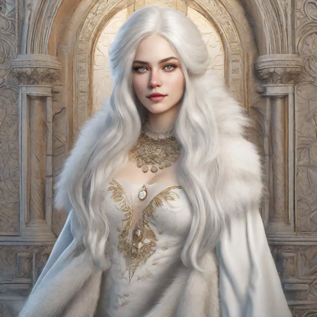 Prompt: beautiful 20 year old women with white hair, white eyebrows, light skin, realistic, ultrarealistic, high quality art, bright eyes, long hair, beauty, real, long hair, symmetrical, anime wide eyes, fair, delicate, medieval, wearing a big fur coat 