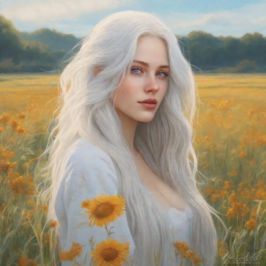 Prompt: beautiful 20 year old women with white hair, white eyebrows, light skin, realistic, ultrarealistic, high quality art, bright eyes, long hair, beauty, real, long hair, symmetrical, anime wide eyes, fair, delicate, standing in a field