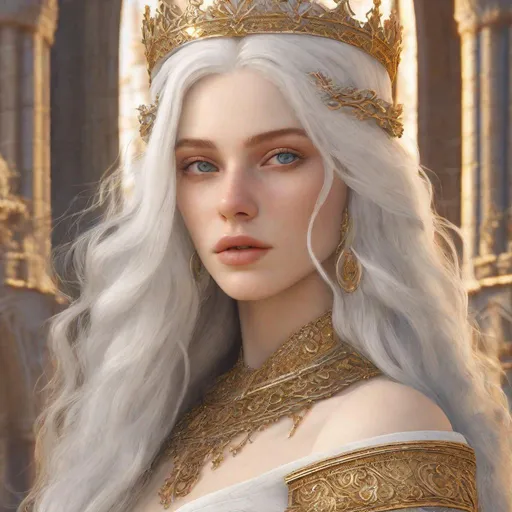 Prompt: beautiful 20 year old women with white hair, white eyebrows, light skin, realistic, ultrarealistic, high quality art, bright eyes, long hair, beauty, real, long hair, symmetrical, anime wide eyes, fair, delicate, medieval, at golden hour, royal