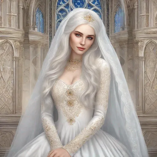 Prompt: beautiful 20 year old women with white hair, white eyebrows, light skin, realistic, ultrarealistic, high quality art, bright eyes, long hair, beauty, real, long hair, symmetrical, anime wide eyes, fair, delicate, medieval, getting married, in a white long dress and a wedding veil 