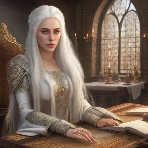 Prompt: beautiful 20 year old women with white hair, white eyebrows, light skin, realistic, ultrarealistic, high quality art, bright eyes, long hair, beauty, real, long hair, symmetrical, anime wide eyes, fair, delicate, medieval, standing behind a table planning a war