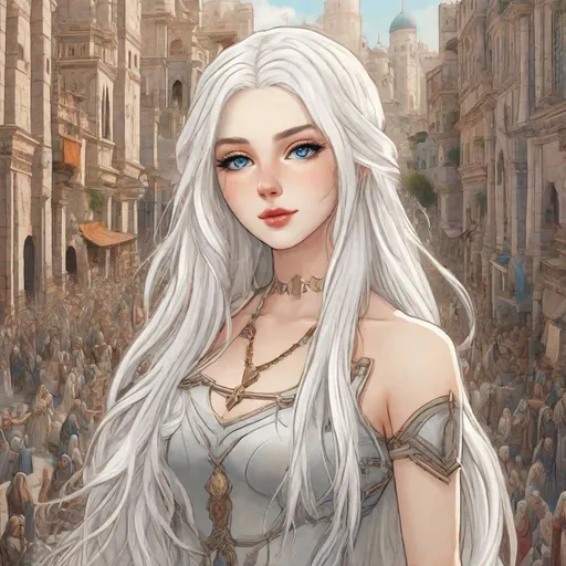 Prompt: beautiful 20 year old women with white hair, white eyebrows, light skin, realistic, ultrarealistic, high quality art, bright eyes, long hair, beauty, real, long hair, symmetrical, anime wide eyes, fair, delicate, medieval, standing on a busy street of an ancient city