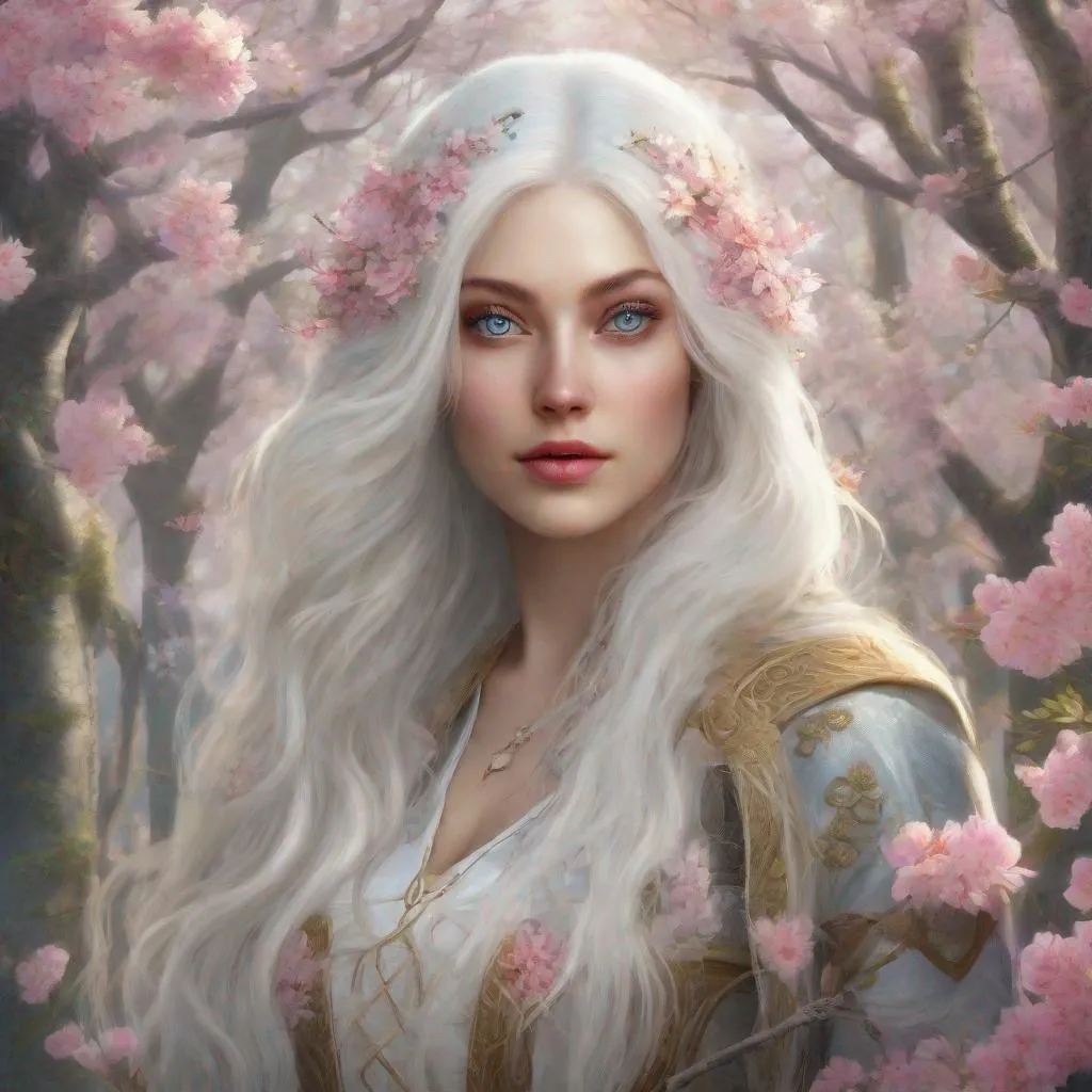 Prompt: beautiful 20 year old women with white hair, white eyebrows, light skin, realistic, ultrarealistic, high quality art, bright eyes, long hair, beauty, real, long hair, symmetrical, anime wide eyes, fair, delicate, standing in a blossom forest, medieval