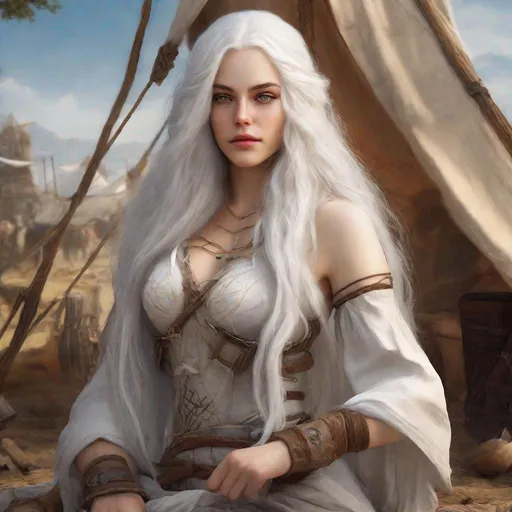Prompt: beautiful 20 year old women with white hair, white eyebrows, light skin, realistic, ultrarealistic, high quality art, bright eyes, long hair, beauty, real, long hair, symmetrical, anime wide eyes, fair, delicate, medieval, assassin, rouge, in a camp