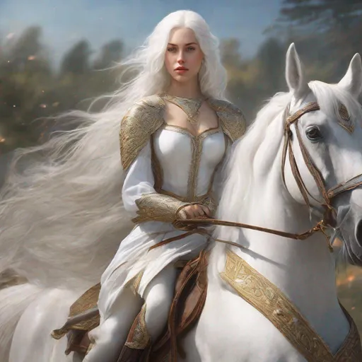Prompt: beautiful 20 year old women with white hair, white eyebrows, light skin, realistic, ultrarealistic, high quality art, bright eyes, long hair, beauty, real, long hair, symmetrical, anime wide eyes, fair, delicate, medieval, royal, riding a horse in a battle
