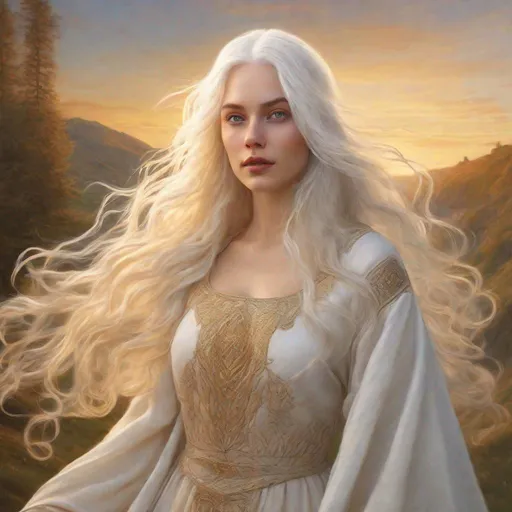 Prompt: beautiful 20 year old women with white hair, white eyebrows, light skin, realistic, ultrarealistic, high quality art, bright eyes, long hair, beauty, real, long hair, symmetrical, anime wide eyes, fair, delicate, medieval, running up a hill at golden hour