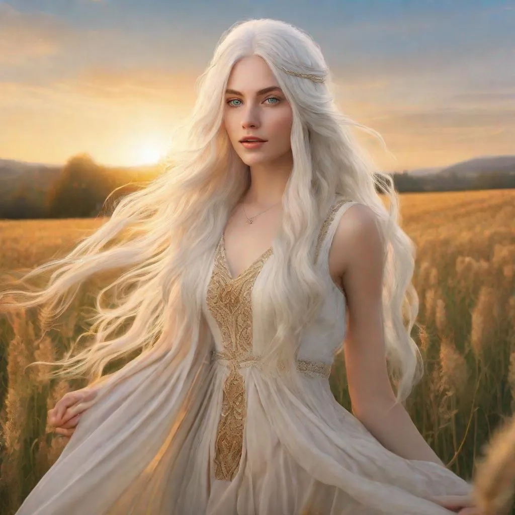 Prompt: beautiful 20 year old women with white hair, white eyebrows, light skin, realistic, ultrarealistic, high quality art, bright eyes, long hair, beauty, real, long hair, symmetrical, anime wide eyes, fair, delicate, medieval, running in a field at golden hour, royal