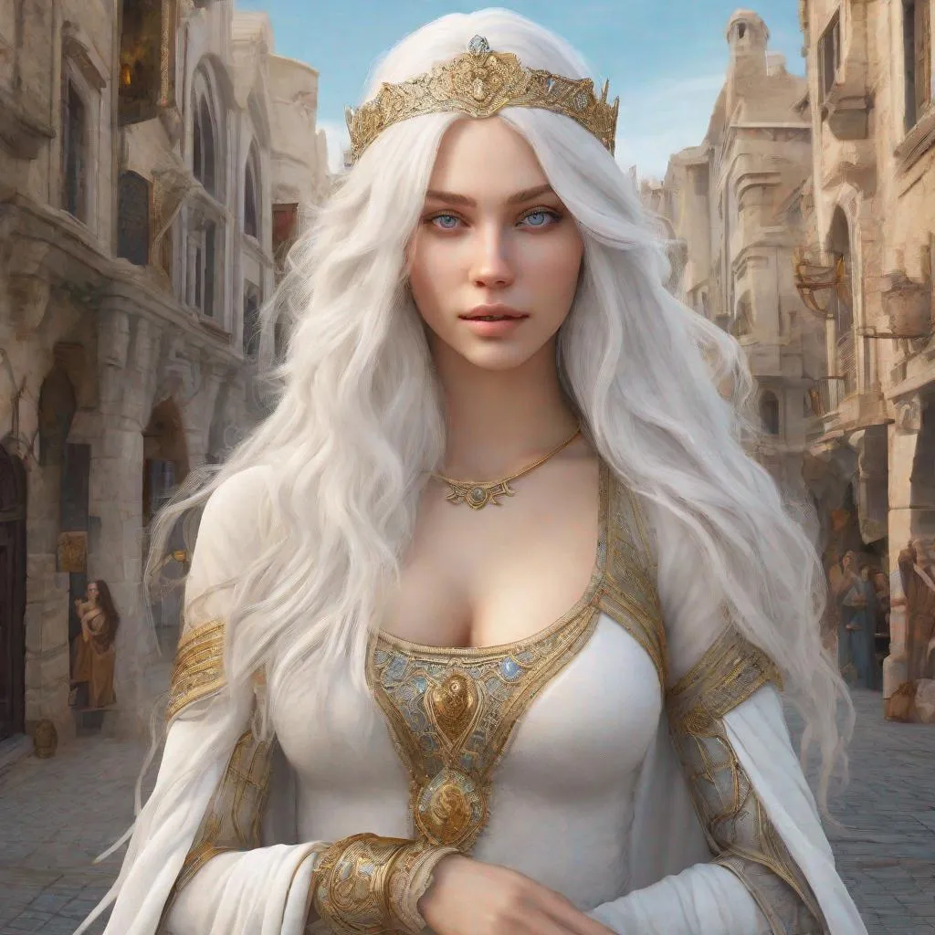 Prompt: beautiful 20 year old women with white hair, white eyebrows, light skin, realistic, ultrarealistic, high quality art, bright eyes, long hair, beauty, real, long hair, symmetrical, anime wide eyes, fair, delicate, medieval, standing on a busy street of an ancient city, royal