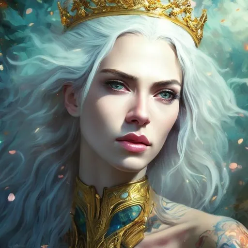 Prompt: beautiful 20 year old women with white hair, white eyebrowns, light skin, crown on her head, royal, realistic, ultrarealistic, high quality art, bright eyes, medivial, princess