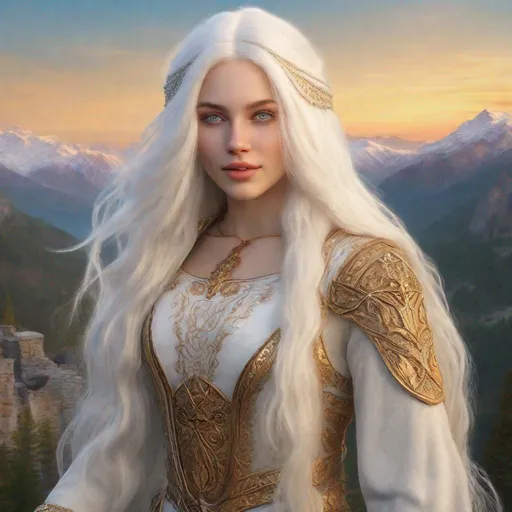 Prompt: beautiful 20 year old women with white hair, white eyebrows, light skin, realistic, ultrarealistic, high quality art, bright eyes, long hair, beauty, real, long hair, symmetrical, anime wide eyes, fair, delicate, medieval, mountain, golden hour, happy