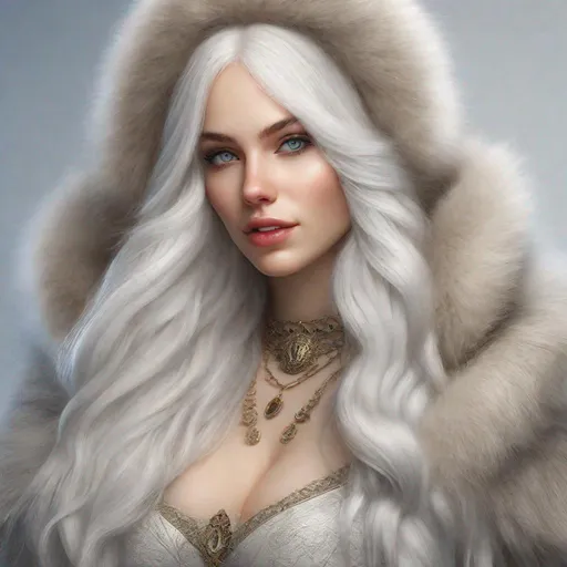 Prompt: beautiful 20 year old women with white hair, white eyebrows, light skin, realistic, ultrarealistic, high quality art, bright eyes, long hair, beauty, real, long hair, symmetrical, anime wide eyes, fair, delicate, medieval, wearing a big fur coat and a fur hat, assassin