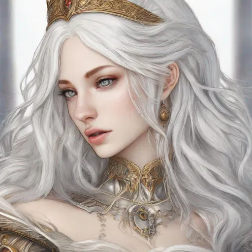 Prompt: beautiful 20 year old women with white hair, white eyebrows, light skin, realistic, ultrarealistic, high quality art, bright eyes, long hair, beauty, real, long hair, symmetrical, anime wide eyes, fair, delicate, medieval, preparing to war