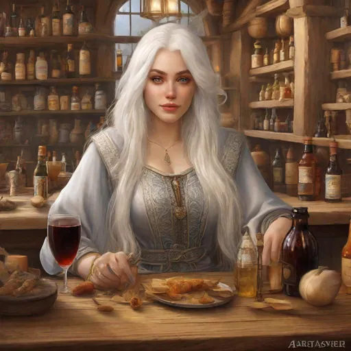 Prompt: beautiful 20 year old women with white hair, white eyebrows, light skin, realistic, ultrarealistic, high quality art, bright eyes, long hair, beauty, real, long hair, symmetrical, anime wide eyes, fair, delicate, medieval, sitting in a tavern with Astarion