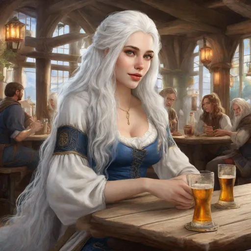 Prompt: beautiful 20 year old women with white hair, white eyebrows, light skin, realistic, ultrarealistic, high quality art, bright eyes, long hair, beauty, real, long hair, symmetrical, anime wide eyes, fair, delicate, medieval, sitting in a tavern, royal