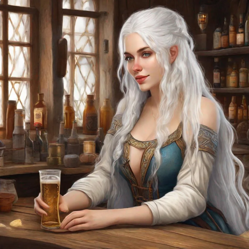 Prompt: beautiful 20 year old women with white hair, white eyebrows, light skin, realistic, ultrarealistic, high quality art, bright eyes, long hair, beauty, real, long hair, symmetrical, anime wide eyes, fair, delicate, medieval, sitting in a tavern with Astarion