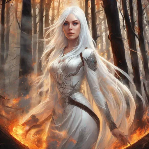 Prompt: beautiful 20 year old women with white hair, white eyebrows, light skin, realistic, ultrarealistic, high quality art, bright eyes, long hair, beauty, real, long hair, symmetrical, anime wide eyes, assasin, fair, delicate, standing in burning forest