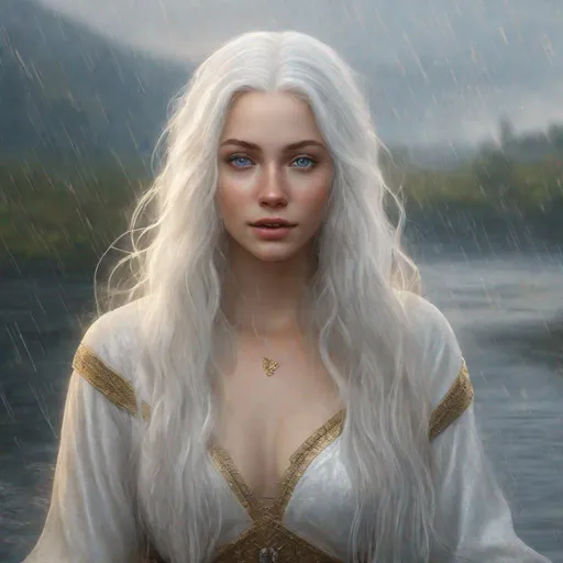 Prompt: beautiful 20 year old women with white hair, white eyebrows, light skin, realistic, ultrarealistic, high quality art, bright eyes, long hair, beauty, real, long hair, symmetrical, anime wide eyes, fair, delicate, medieval, standing in a rain on a river