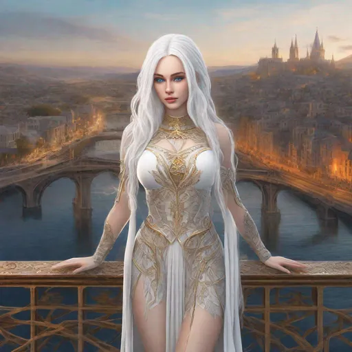 Prompt: beautiful 20 year old women with white hair, white eyebrows, light skin, realistic, ultrarealistic, high quality art, bright eyes, long hair, beauty, real, long hair, symmetrical, anime wide eyes, fair, delicate, medieval, standing on a bridge, behind her a burning city