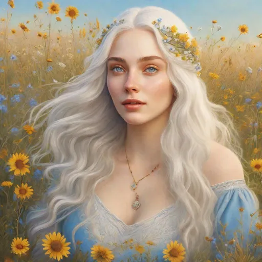 Prompt: beautiful 20 year old women with white hair, white eyebrows, light skin, realistic, ultrarealistic, high quality art, bright eyes, long hair, beauty, real, long hair, symmetrical, anime wide eyes, fair, delicate, medieval, happy, running on a meadow, golden hour, flowers in her hair, blue, moving