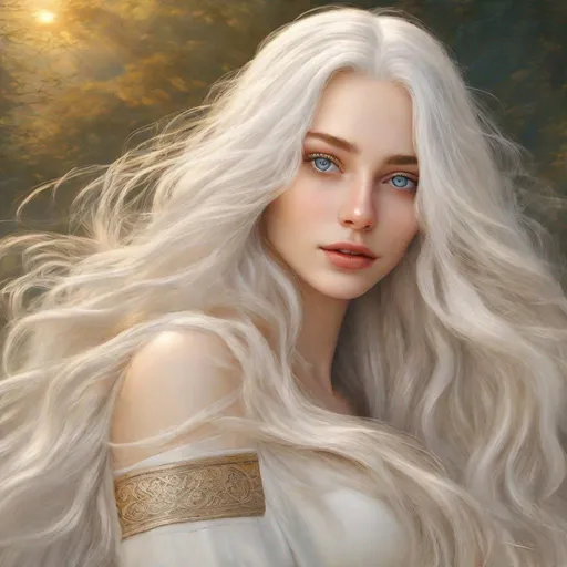 Prompt: beautiful 20 year old women with white hair, white eyebrows, light skin, realistic, ultrarealistic, high quality art, bright eyes, long hair, beauty, real, long hair, symmetrical, anime wide eyes, fair, delicate, medieval, mountain, golden hour, happy