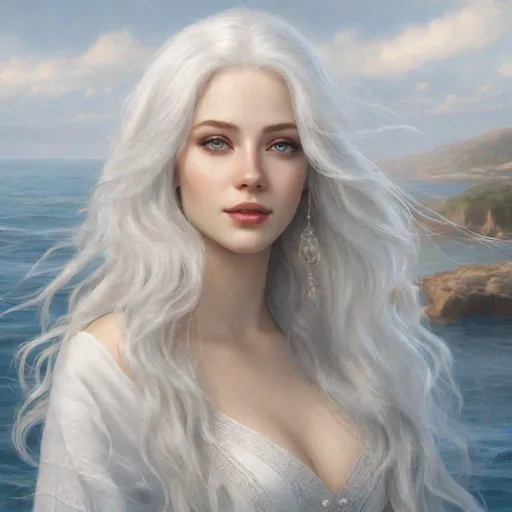 Prompt: beautiful 20 year old women with white hair, white eyebrows, light skin, realistic, ultrarealistic, high quality art, bright eyes, long hair, beauty, real, long hair, symmetrical, anime wide eyes, fair, delicate, standing on the sea, medivial