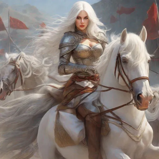 Prompt: beautiful 20 year old women with white hair, white eyebrows, light skin, realistic, ultrarealistic, high quality art, bright eyes, long hair, beauty, real, long hair, symmetrical, anime wide eyes, fair, delicate, medieval, assassin, rouge, riding a horse into a battle, royal