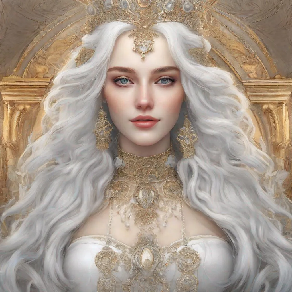 Prompt: beautiful 20 year old women with white hair, white eyebrowns, light skin, royal, realistic, ultrarealistic, high quality art, bright eyes, medivial, goddess, long hair, royalty, beauty, real, fair, delicate, long hair, symmetrical, anime wide eyes