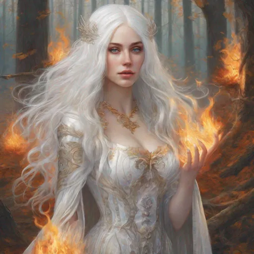 Prompt: beautiful 20 year old women with white hair, white eyebrows, light skin, realistic, ultrarealistic, high quality art, bright eyes, long hair, beauty, real, long hair, symmetrical, anime wide eyes, fair, delicate, standing in a burning forest, medieval, royal