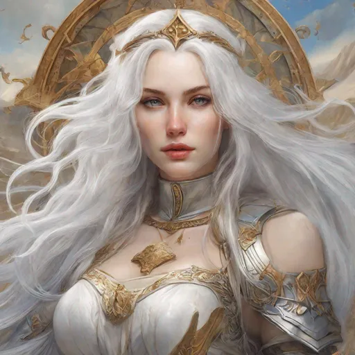 Prompt: beautiful 20 year old women with white hair, white eyebrows, light skin, realistic, ultrarealistic, high quality art, bright eyes, long hair, beauty, real, long hair, symmetrical, anime wide eyes, fair, delicate, medieval, fighting in the middle of a battle, royal